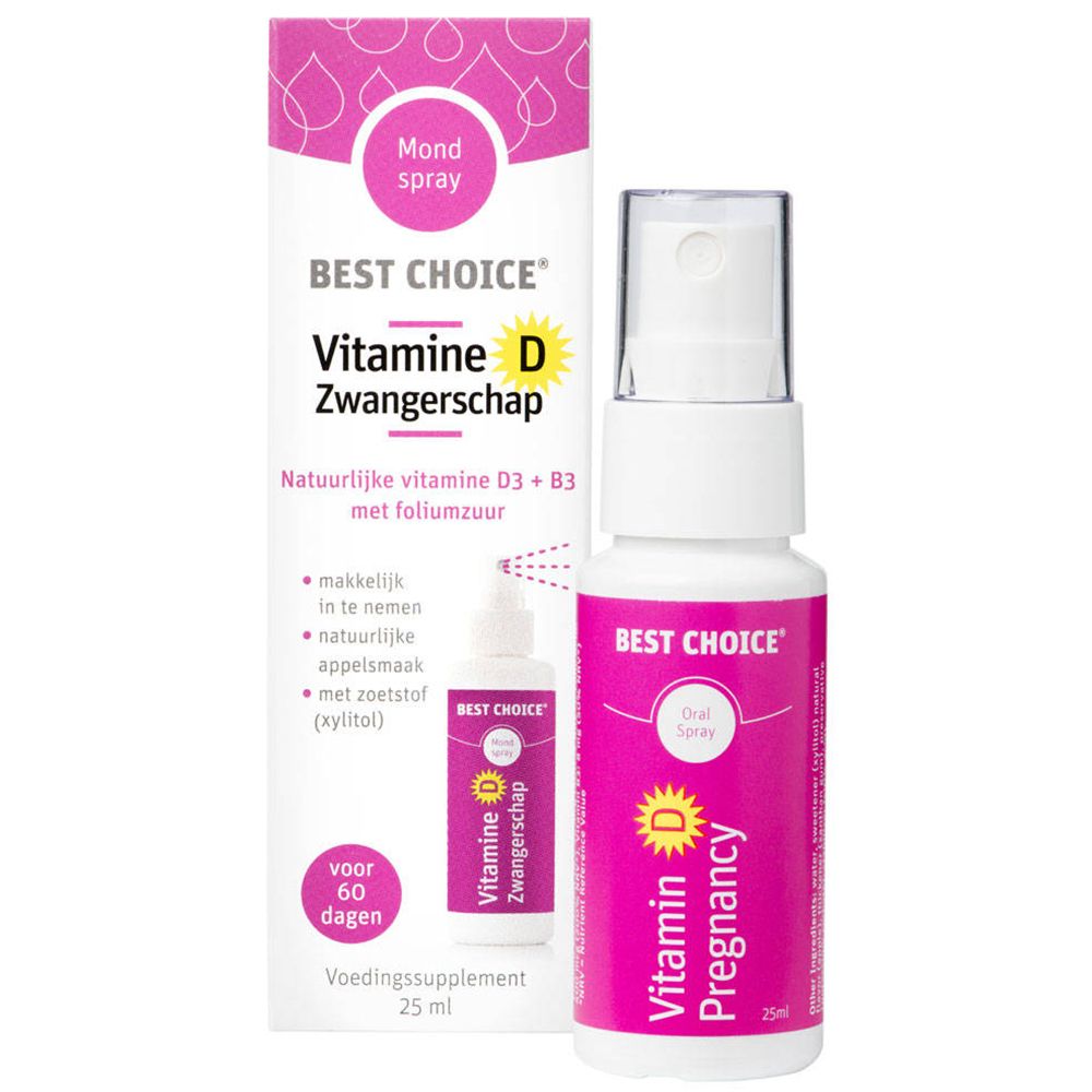 BEST CHOICE® Vitamin D Schwangerschaft. Sprayflasche und Verpackung. Rosa und weiß. Enthält Vitamin D3 + B3, mit Apfelgeschmack.