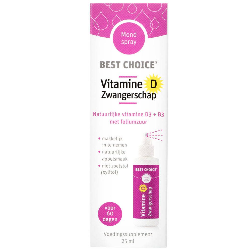 BEST CHOICE® Vitamin D Schwangerschaft. Sprayflasche und Verpackung. Rosa und weiß. Enthält Vitamin D3 + B3, mit Apfelgeschmack.