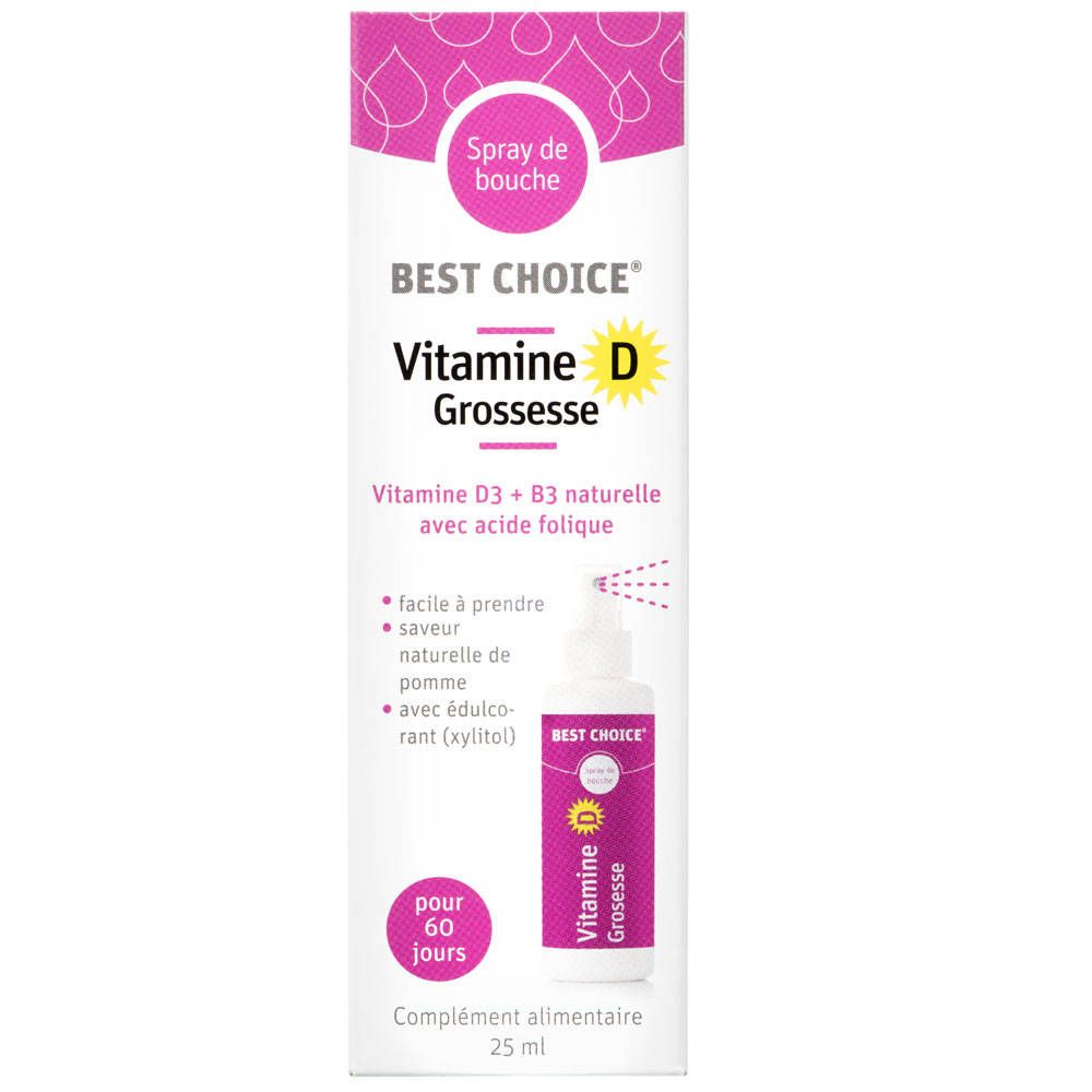 BEST CHOICE® Vitamin D Schwangerschaft. Sprayflasche und Verpackung. Rosa und weiß. Enthält Vitamin D3 + B3, mit Apfelgeschmack.