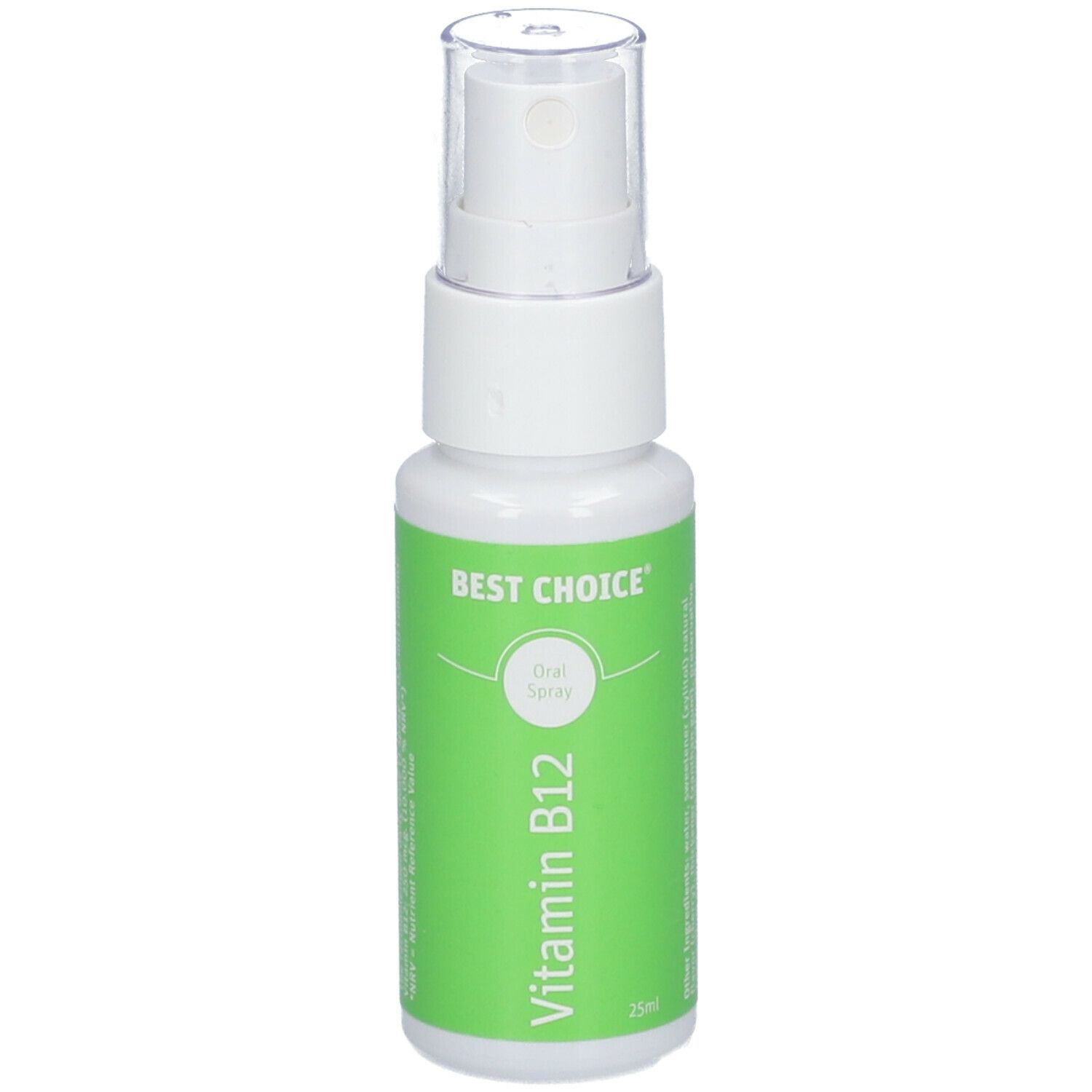 Flacon spray blanc avec étiquette verte. Inscriptions : BEST CHOICE, Vitamine B12, Oral Spray. Capuchon transparent.