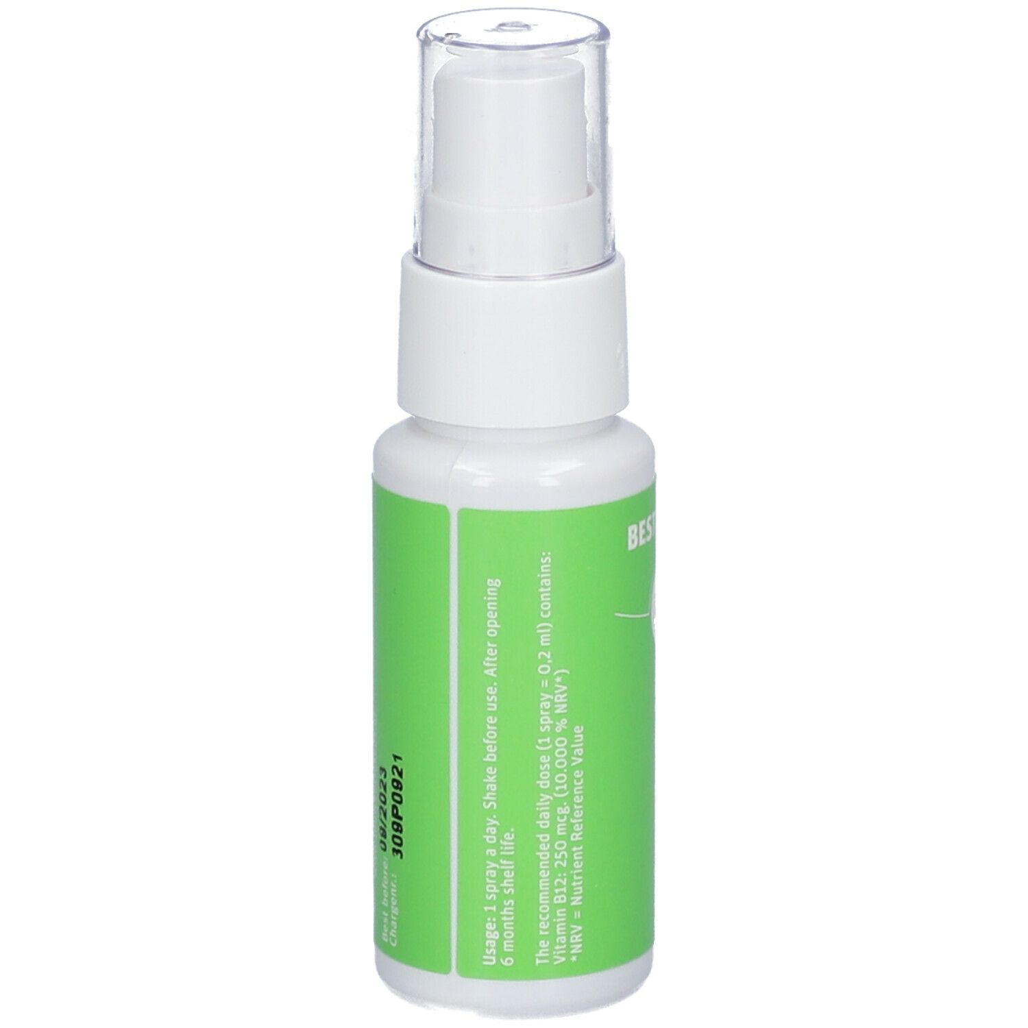 Flacon spray blanc avec étiquette verte. Texte : Dosage, durée de conservation, ingrédients. Bouchon transparent.