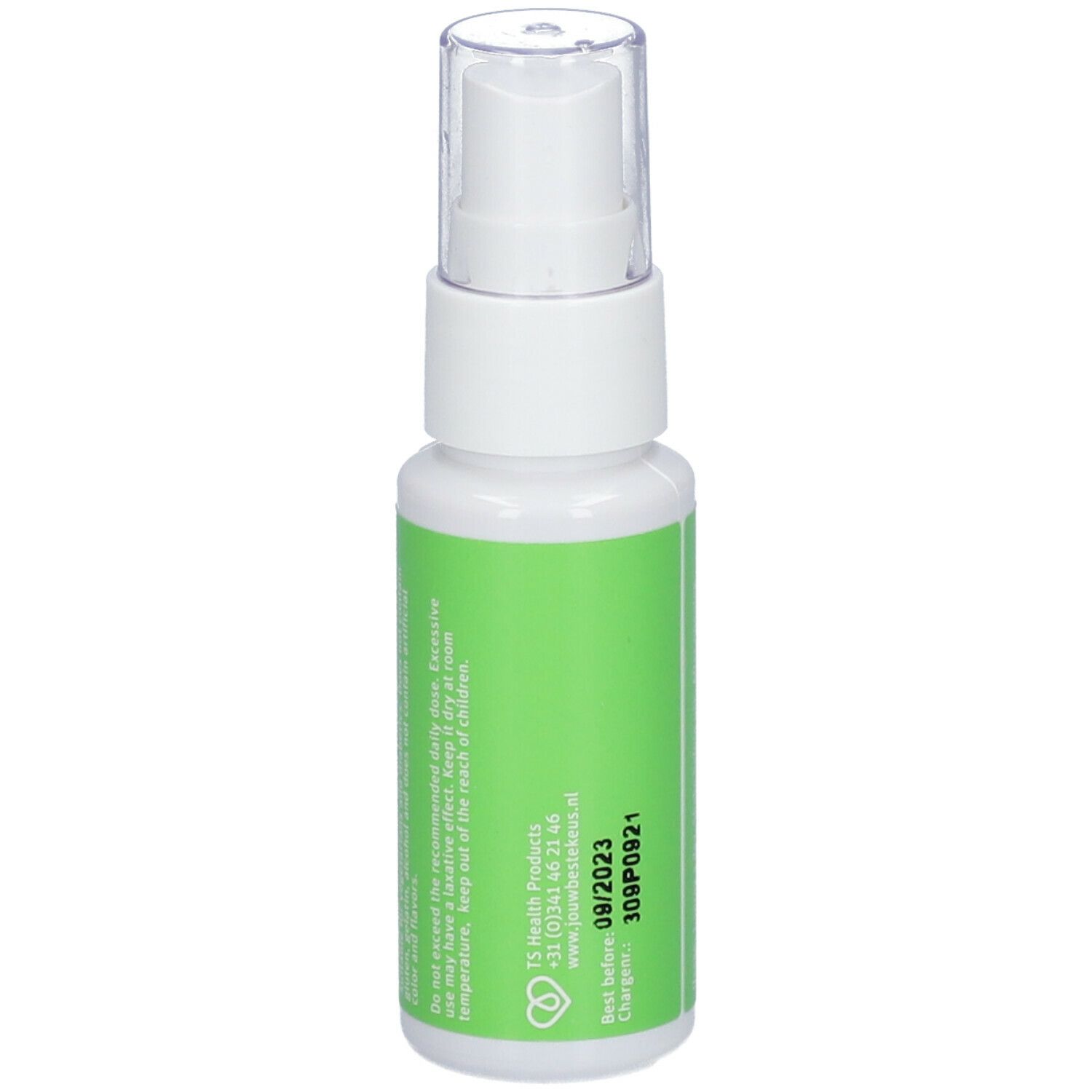 Flacon spray blanc avec étiquette verte. Texte : Informations fabricant, numéro de lot, date de péremption. Bouchon transparent.
