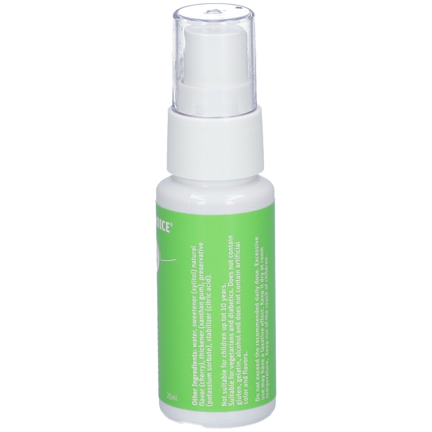 Flacon spray blanc avec étiquette verte. Texte : Ingrédients, avertissements. Bouchon transparent.