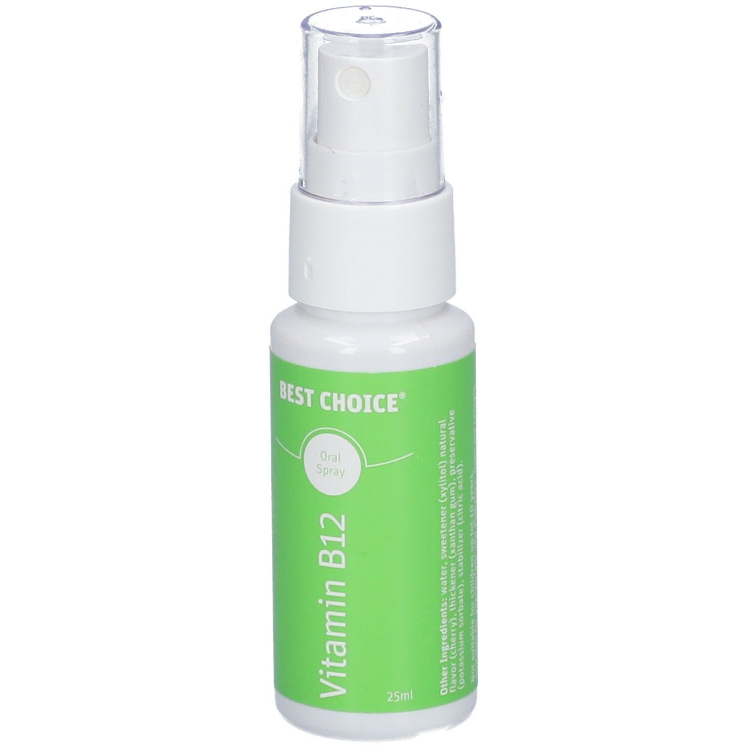 Flacon spray blanc avec étiquette verte. Inscriptions : BEST CHOICE, Vitamine B12, Oral Spray. Capuchon transparent.