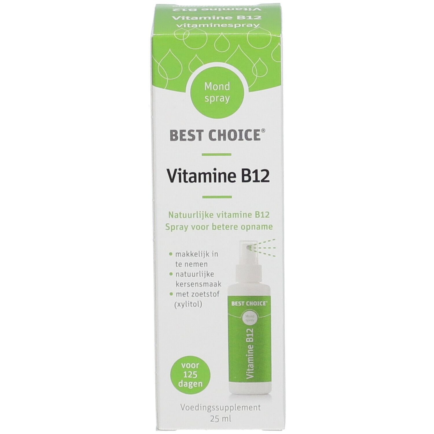Emballage pour spray buccal à la vitamine B12. Boîte blanche et verte. Image du produit et texte : BEST CHOICE, Vitamine B12.