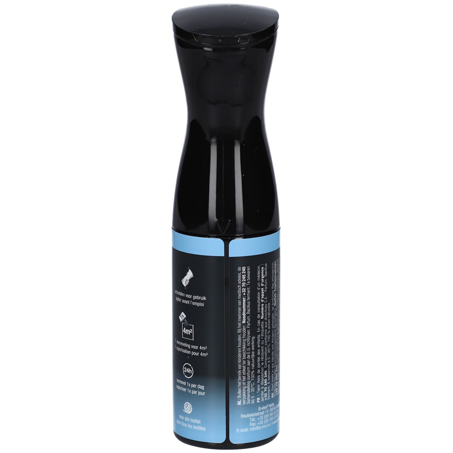 Schwarze Sprühflasche mit blauem Band. Aufschrift: Q-VIVA PROBIOTICS, Allergen Spray. 180 ml.