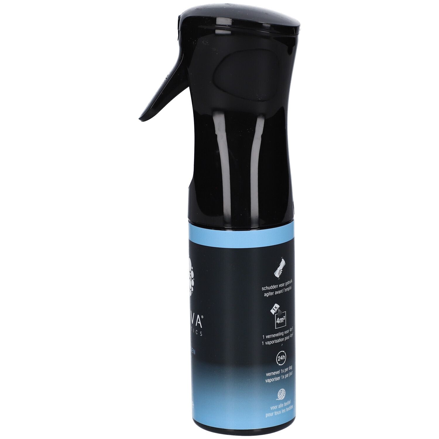Schwarze Sprühflasche mit blauem Band. Aufschrift: Q-VIVA PROBIOTICS, Allergen Spray. 180 ml.