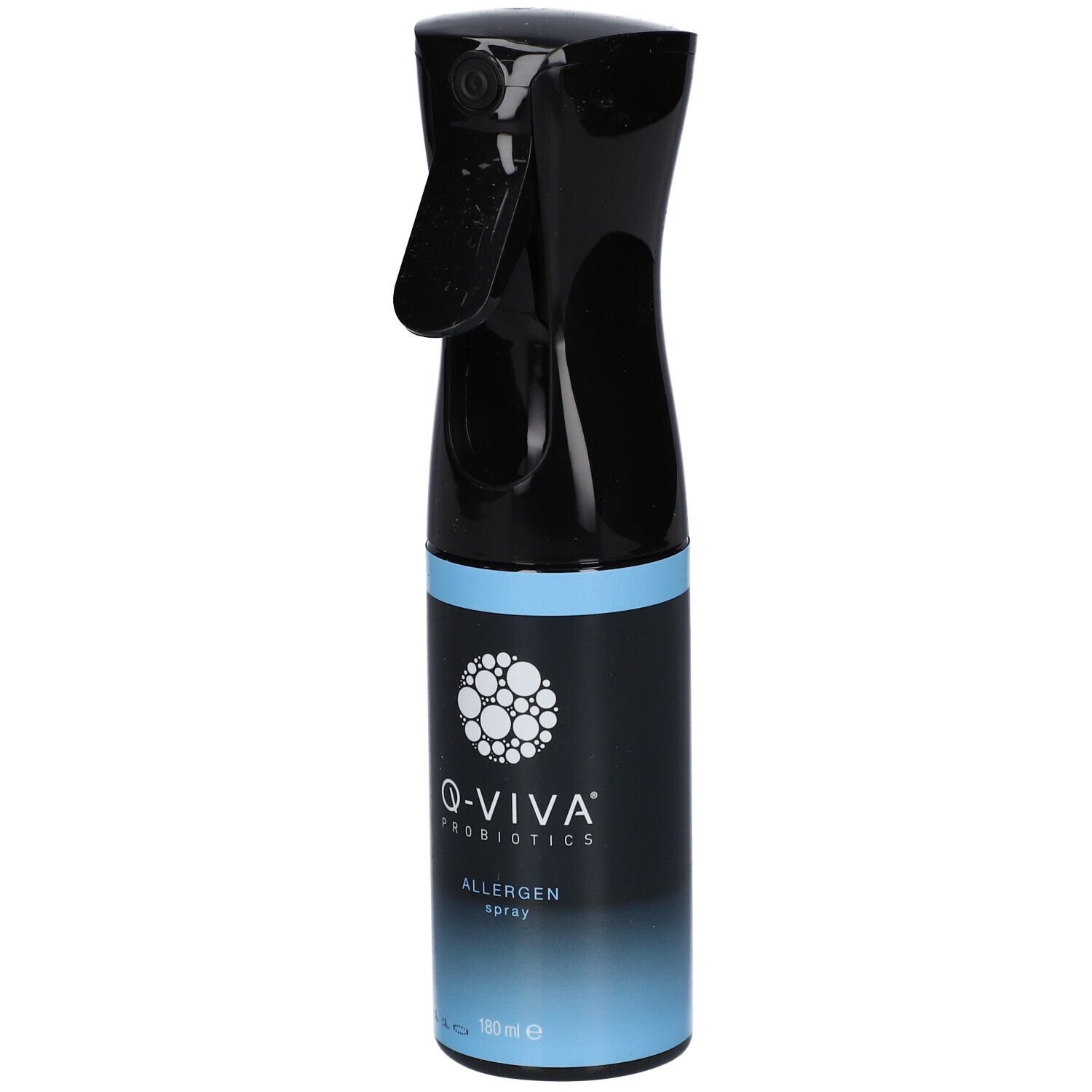 Schwarze Sprühflasche mit blauem Band. Aufschrift: Q-VIVA PROBIOTICS, Allergen Spray. 180 ml.