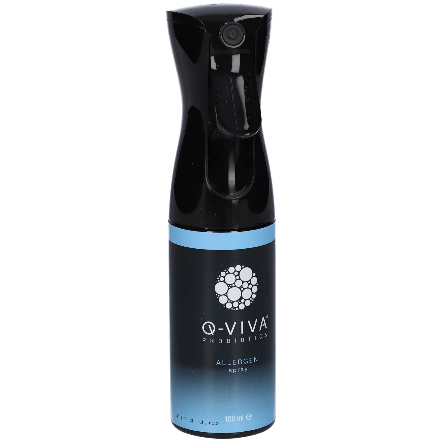 Schwarze Sprühflasche mit blauem Band. Aufschrift: Q-VIVA PROBIOTICS, Allergen Spray. 180 ml.