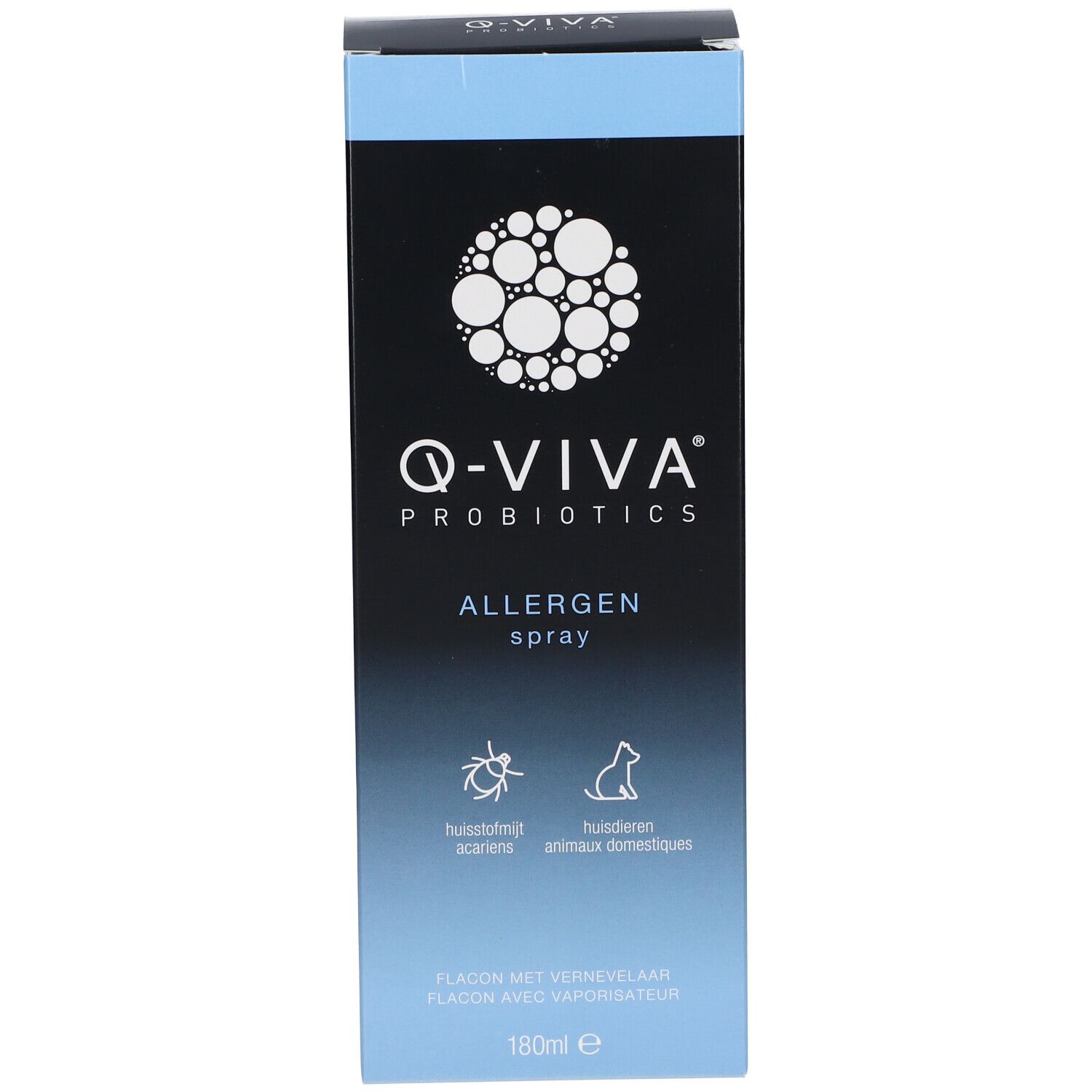 Produktverpackung: Q-VIVA PROBIOTICS Allergen Spray. Schachtel. 180 ml.