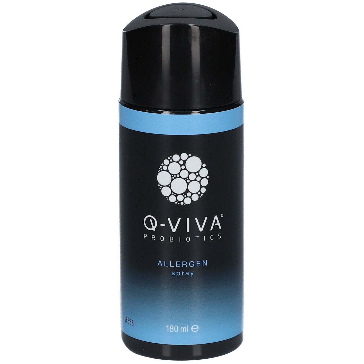 Q-VIVA PROBIOTICS Allergen Spray. Schwarze Kappe, blauer Hintergrund. 180 ml. Logo mit weißen Kreisen.