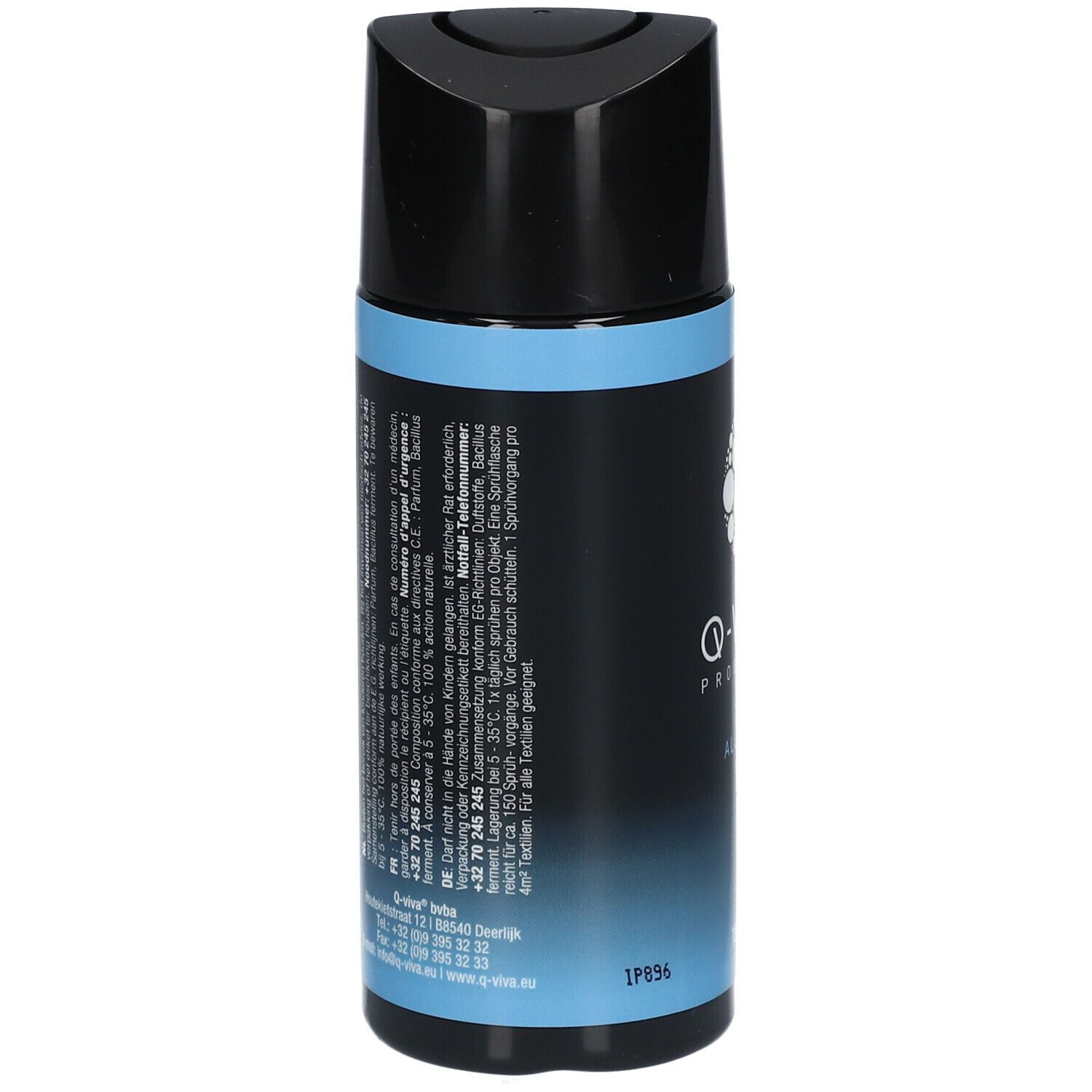 Rückseite des Q-VIVA PROBIOTICS Allergen Sprays. Schwarze Kappe, blauer Hintergrund. Text und Symbole.