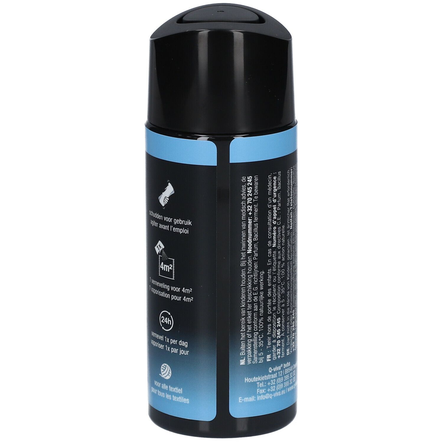 Rückseite des Q-VIVA PROBIOTICS Allergen Sprays. Schwarze Kappe, blauer Hintergrund. Text und Symbole.
