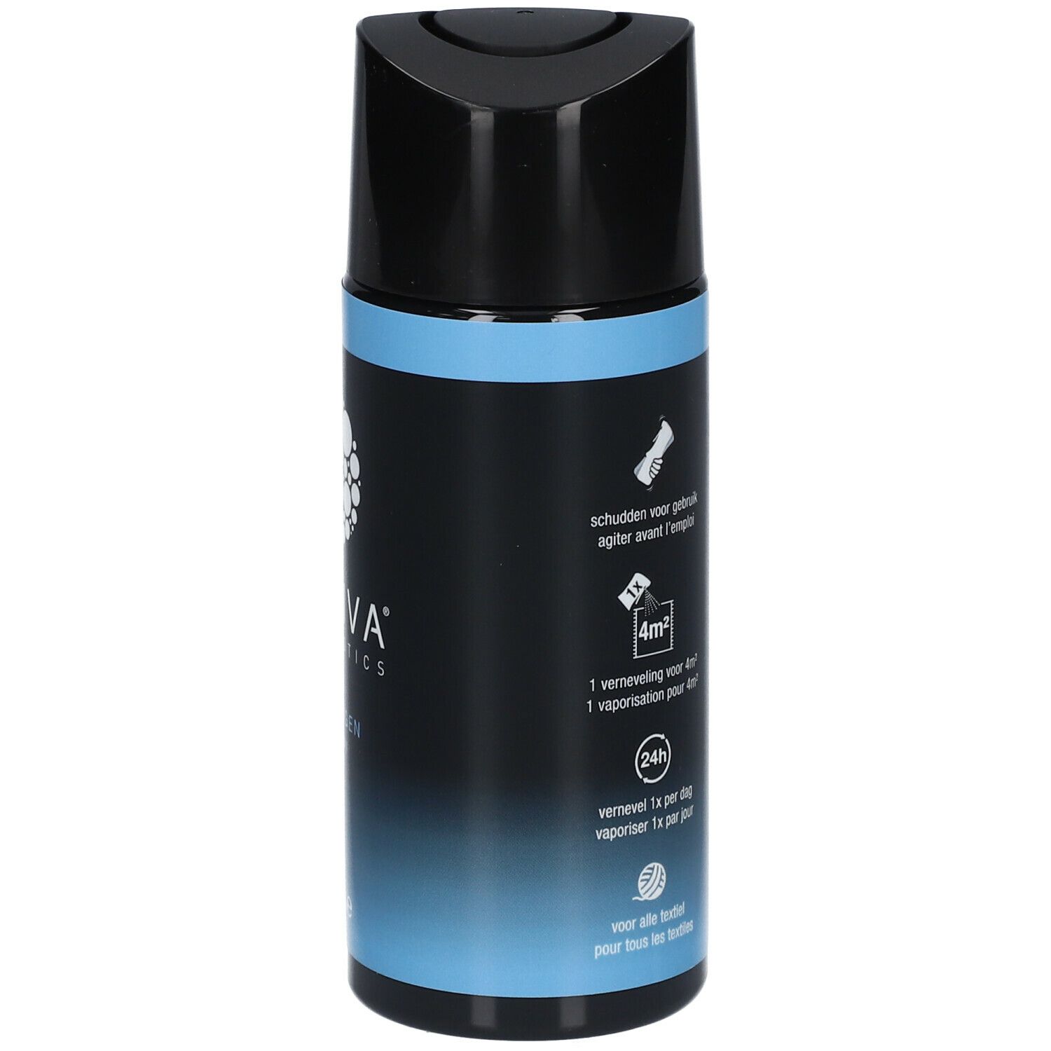 Rückseite des Q-VIVA PROBIOTICS Allergen Sprays. Schwarze Kappe, blauer Hintergrund. Text und Symbole.