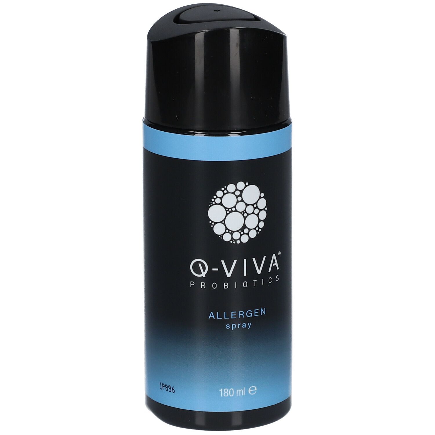 Q-VIVA PROBIOTICS Allergen Spray. Schwarze Kappe, blauer Hintergrund. 180 ml. Logo mit weißen Kreisen.