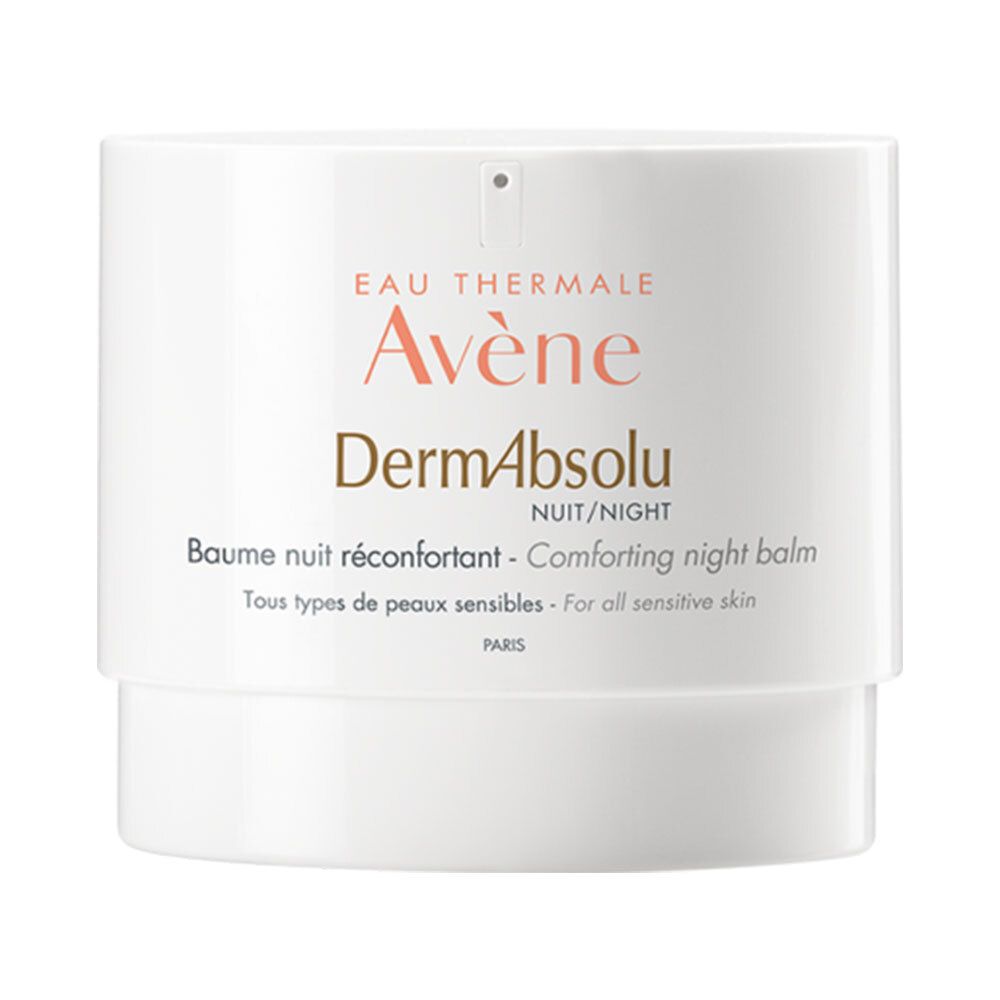 Pot blanc Avène DermAbsolu. Texte: Baume nuit réconfortant - Comforting night balm. Pour peaux sensibles. Paris.