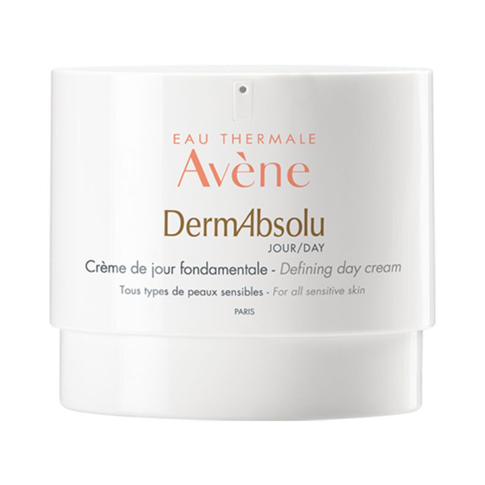 Pot blanc avec inscription Avène DermAbsolu. Texte : Crème de jour fondamentale - Defining day cream. Pour peaux sensibles.