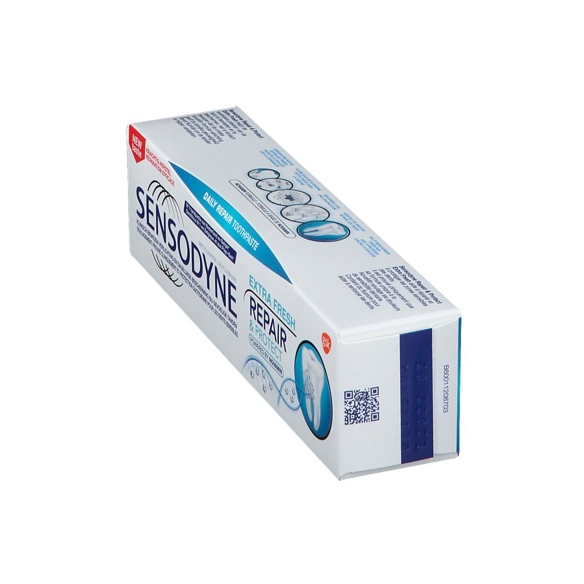 Boîte de dentifrice Sensodyne Repair & Protect. Blanche, bleue et bleu clair. Contient des informations et un QR code.