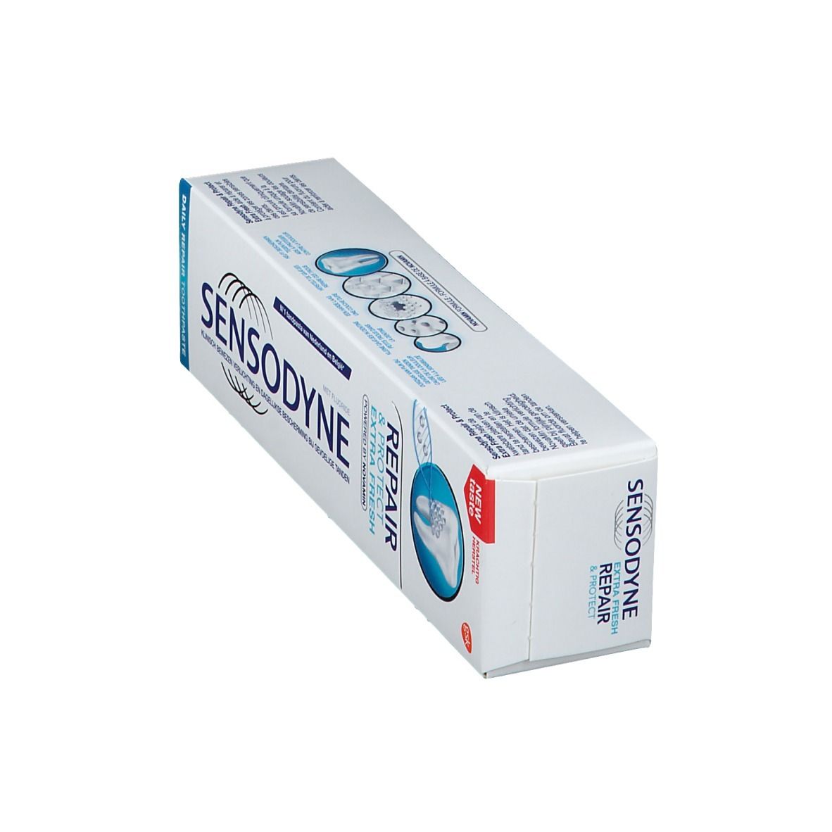 Boîte de dentifrice Sensodyne Repair & Protect. Blanche, bleue et bleu clair. Contient des informations et un QR code.