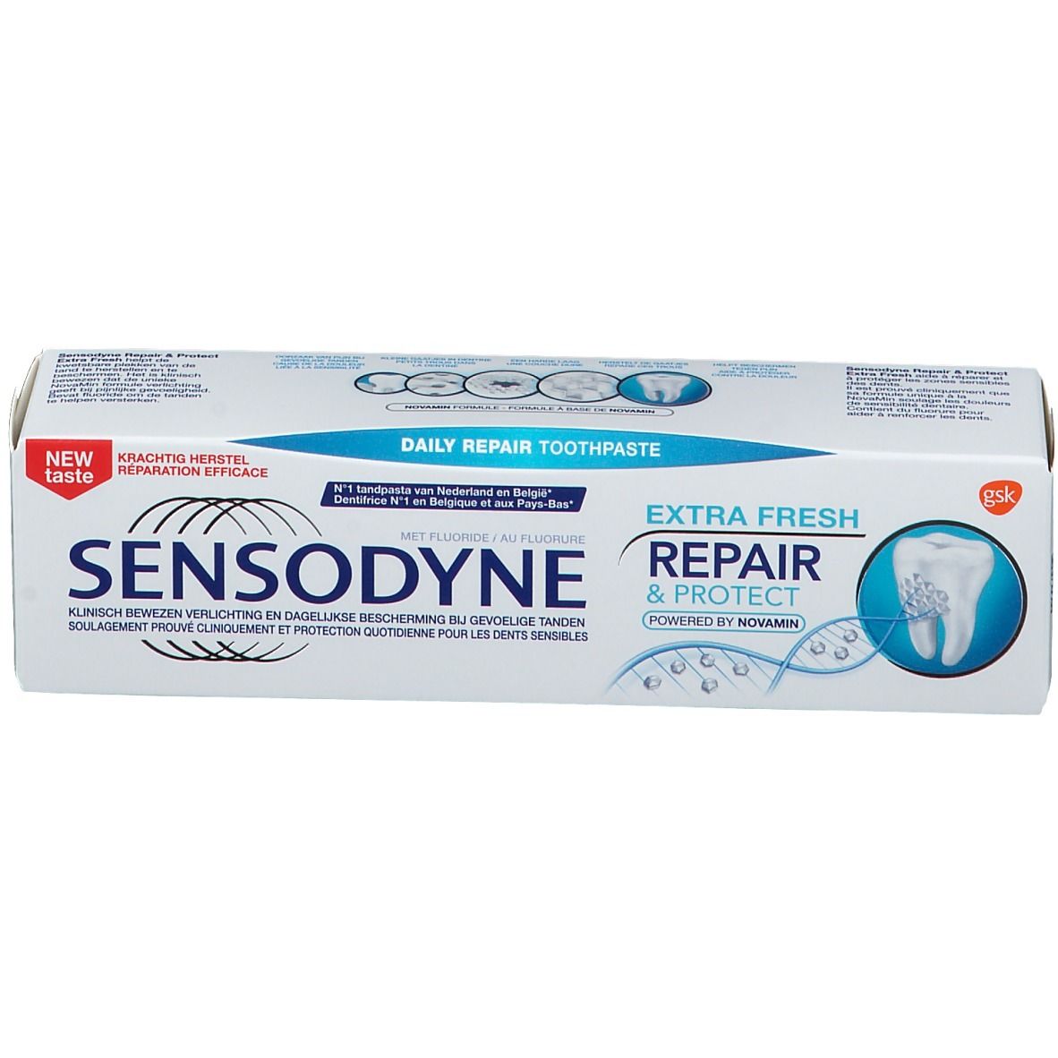 Boîte de dentifrice Sensodyne Repair & Protect Extra Fresh. Contient du fluorure. Cliniquement prouvé pour dents sensibles.