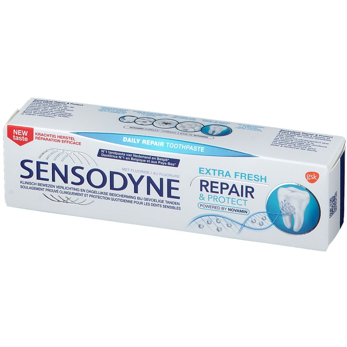 Boîte de dentifrice Sensodyne Repair & Protect Extra Fresh. Contient du fluorure. Cliniquement prouvé pour dents sensibles.