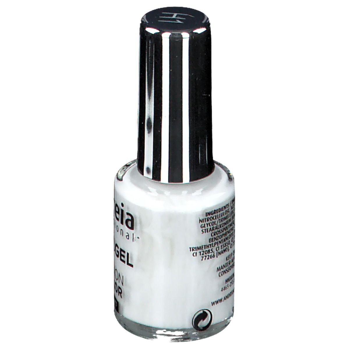Flacon de vernis à ongles blanc. Dos avec ingrédients et avertissements. Marque Andreia Professional.