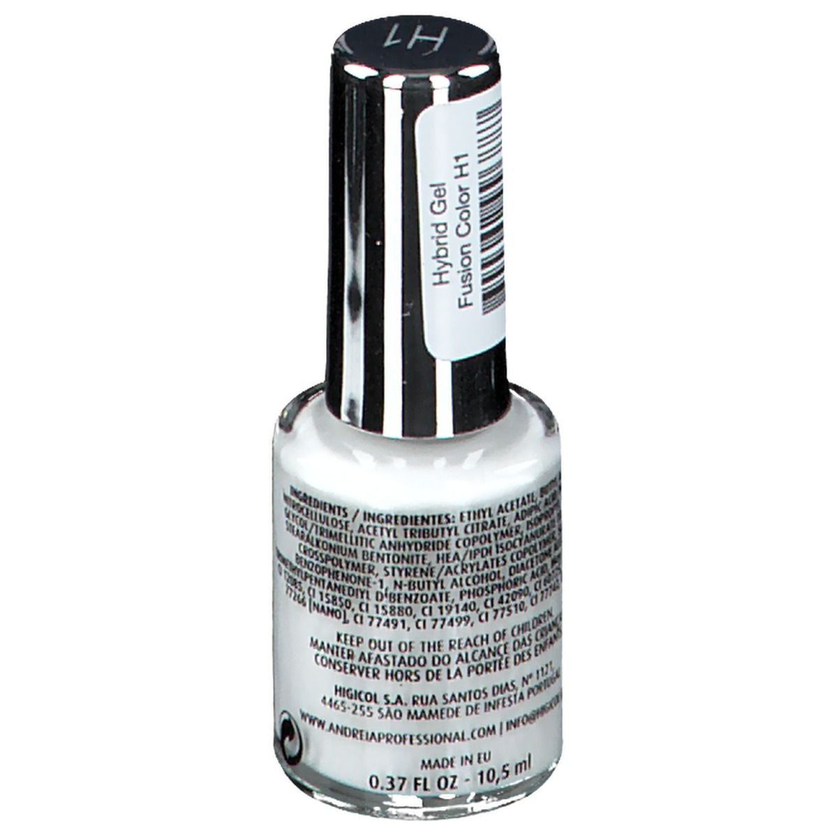 Flacon de vernis à ongles blanc. Inscription: Hybrid Gel Fusion Color H1. Ingrédients et avertissements.