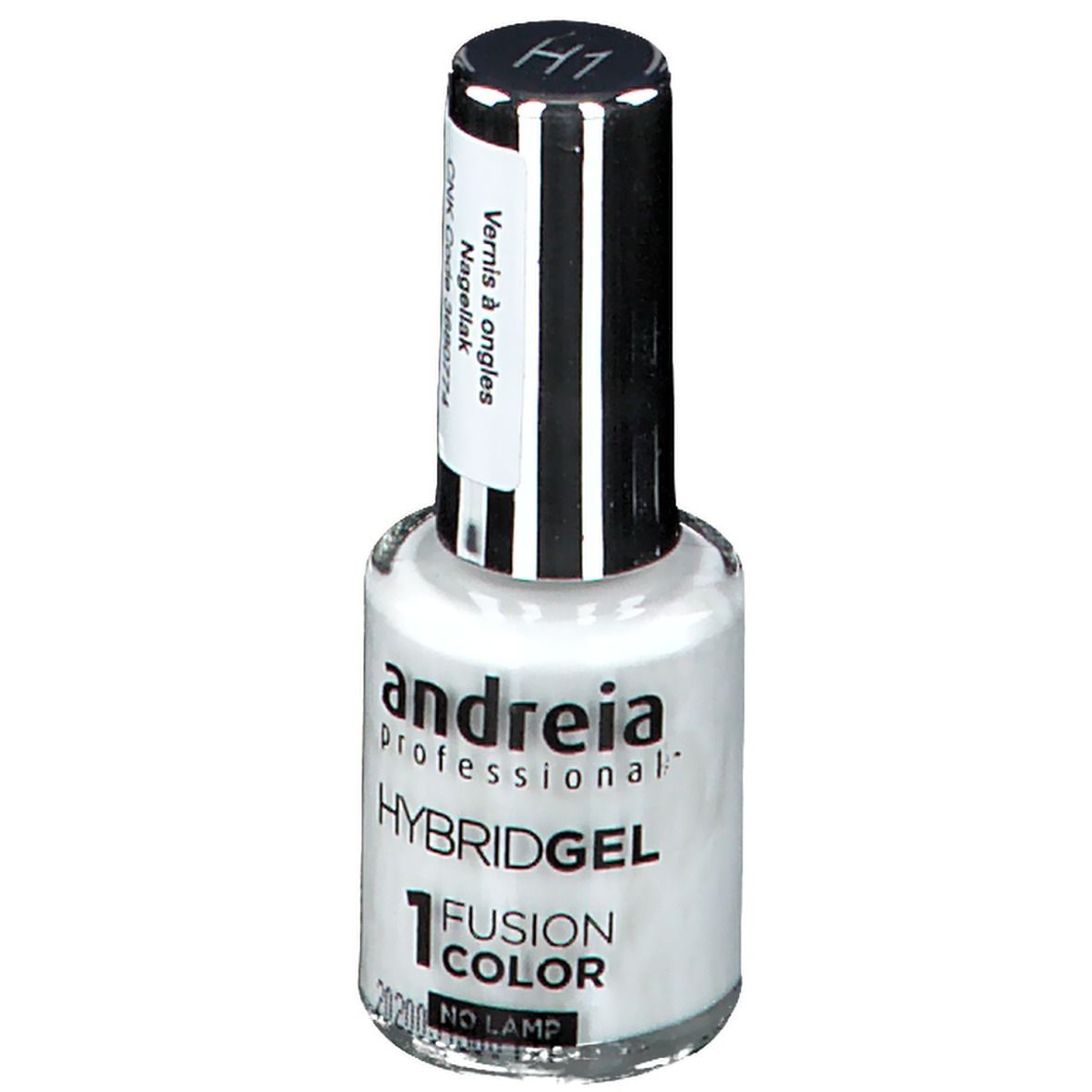 Flacon de vernis à ongles blanc. Marque Andreia Professional, Hybridgel Fusion Color H1. Inscription: "NO LAMP".
