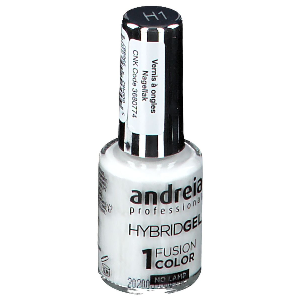 Flacon de vernis à ongles blanc. Marque Andreia Professional, Hybridgel Fusion Color H1. Inscription: "NO LAMP".