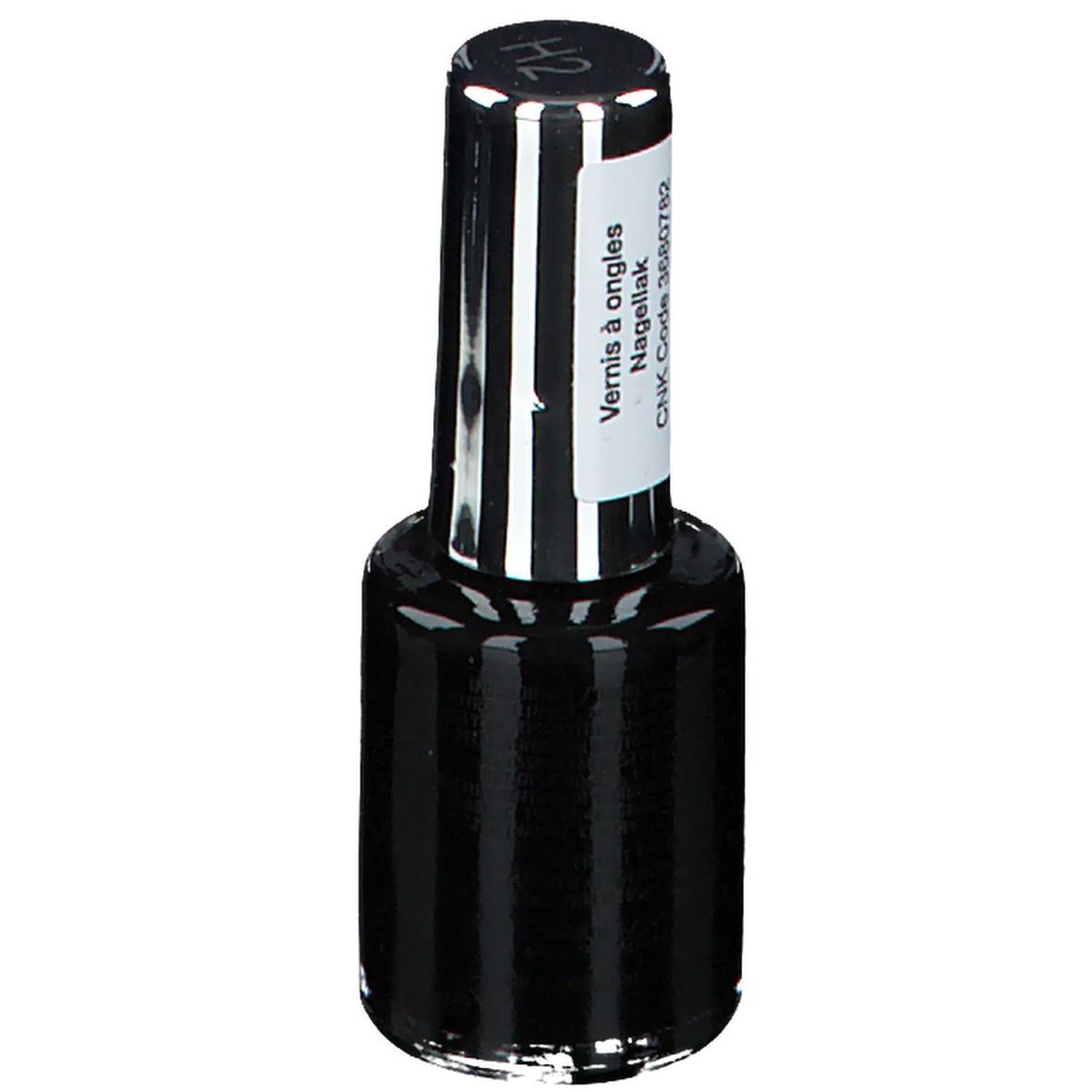 Schwarzer Nagellackflakon mit schwarzem Deckel und Etikett. Auf dem Etikett steht "Vernis à ongles".