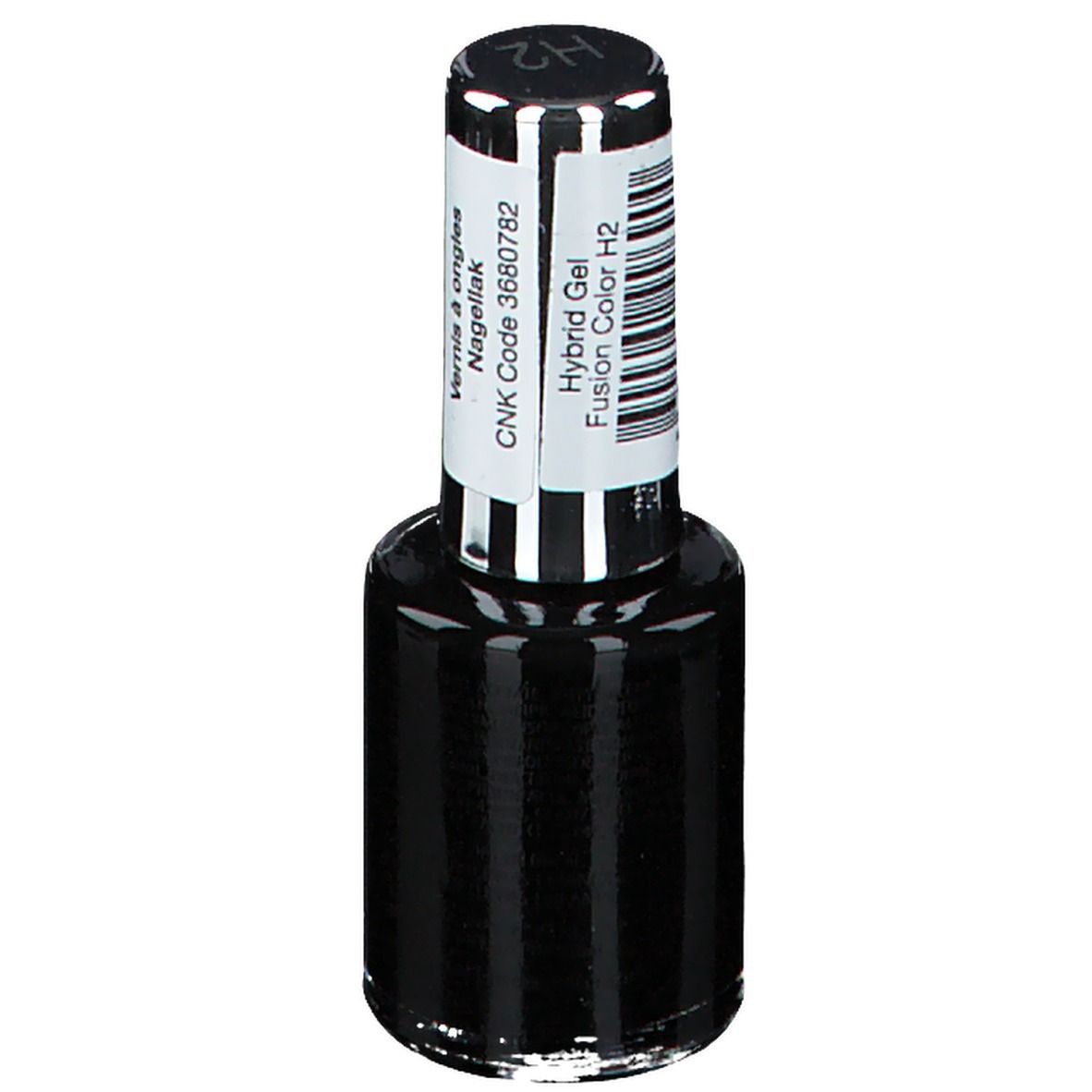 Schwarzer Nagellackflakon mit schwarzem Deckel und Etikett. Etikett mit "Hybrid Gel Fusion Color H2".