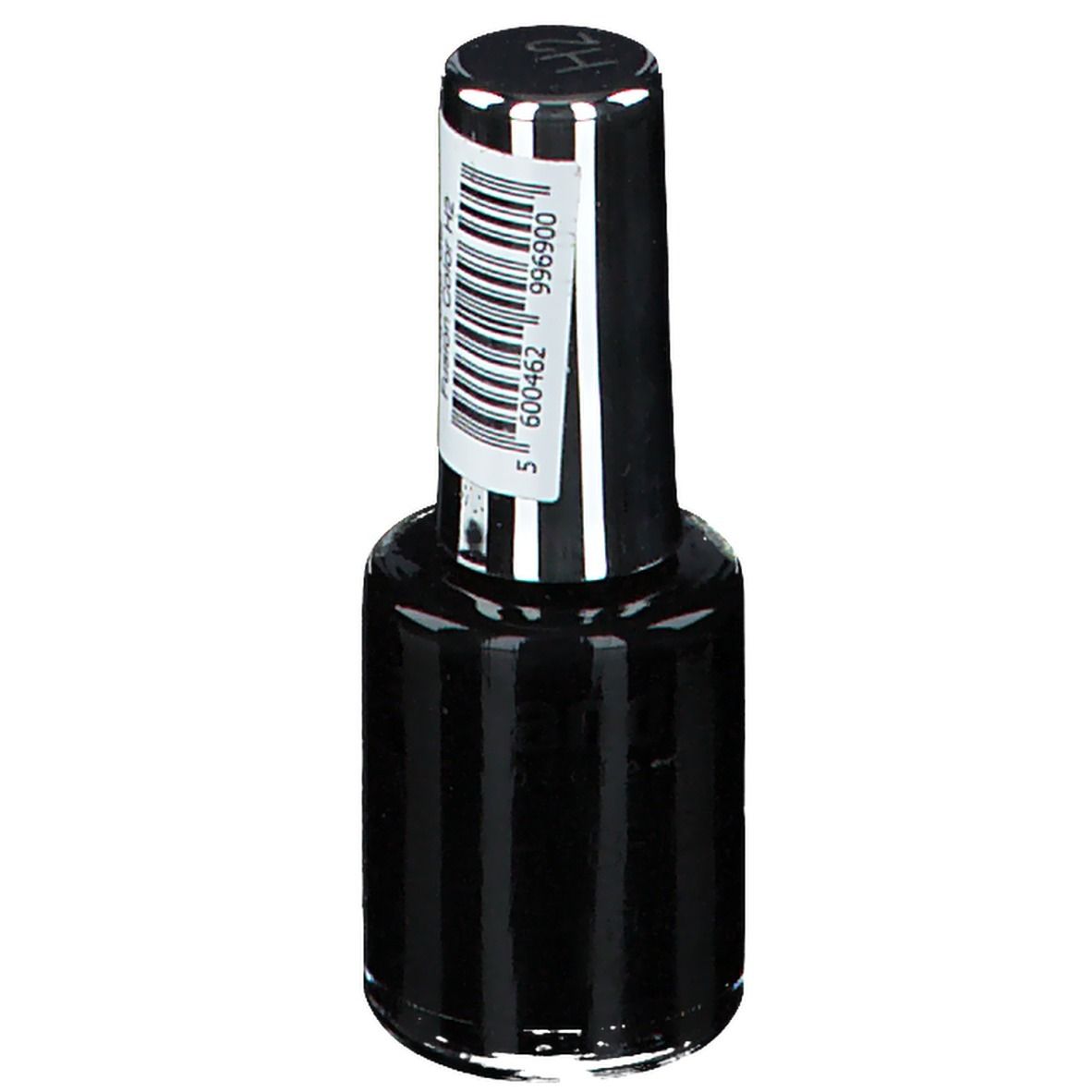 Schwarzer Nagellackflakon mit schwarzem Deckel und Etikett. Etikett mit Barcode.