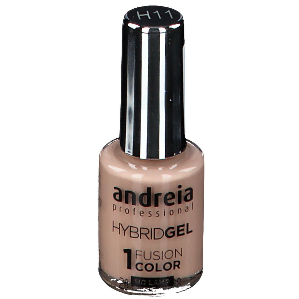 Nagellakfles met beige inhoud. Zilveren dop met zwarte borstel. Opschrift: andreia professional, Hybridgel, 1 Fusion Color, H11.