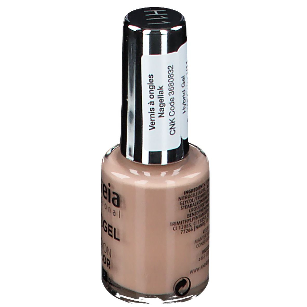 Nagellakfles met beige inhoud. Zilveren dop met zwarte borstel. Opschrift: andreia professional, Hybridgel, 1 Fusion Color, H11.