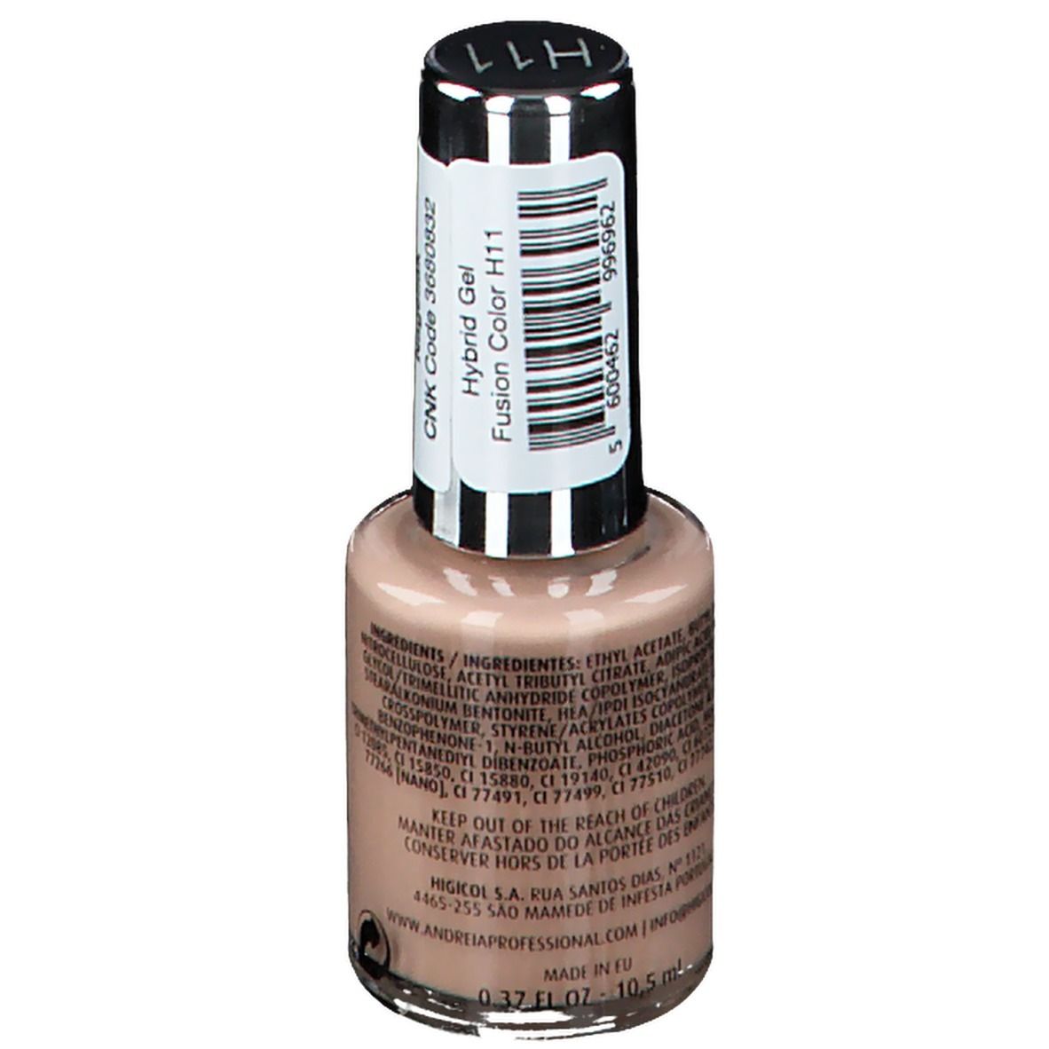 Nagellakfles met beige inhoud. Zilveren dop met zwarte borstel. Opschrift: andreia professional, Hybridgel, 1 Fusion Color, H11.