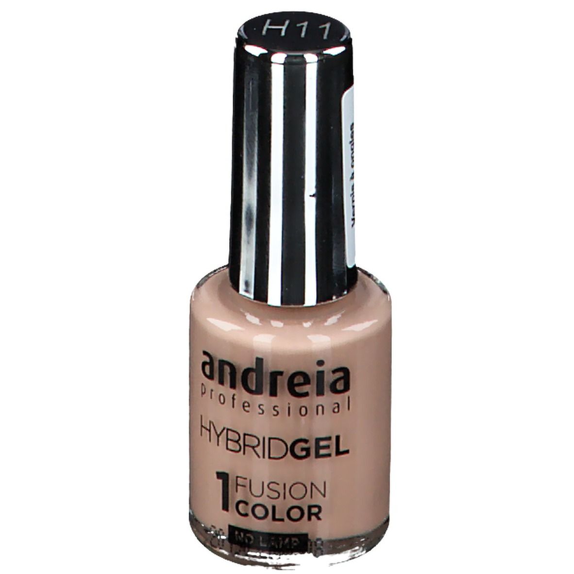 Nagellakfles met beige inhoud. Zilveren dop met zwarte borstel. Opschrift: andreia professional, Hybridgel, 1 Fusion Color, H11.