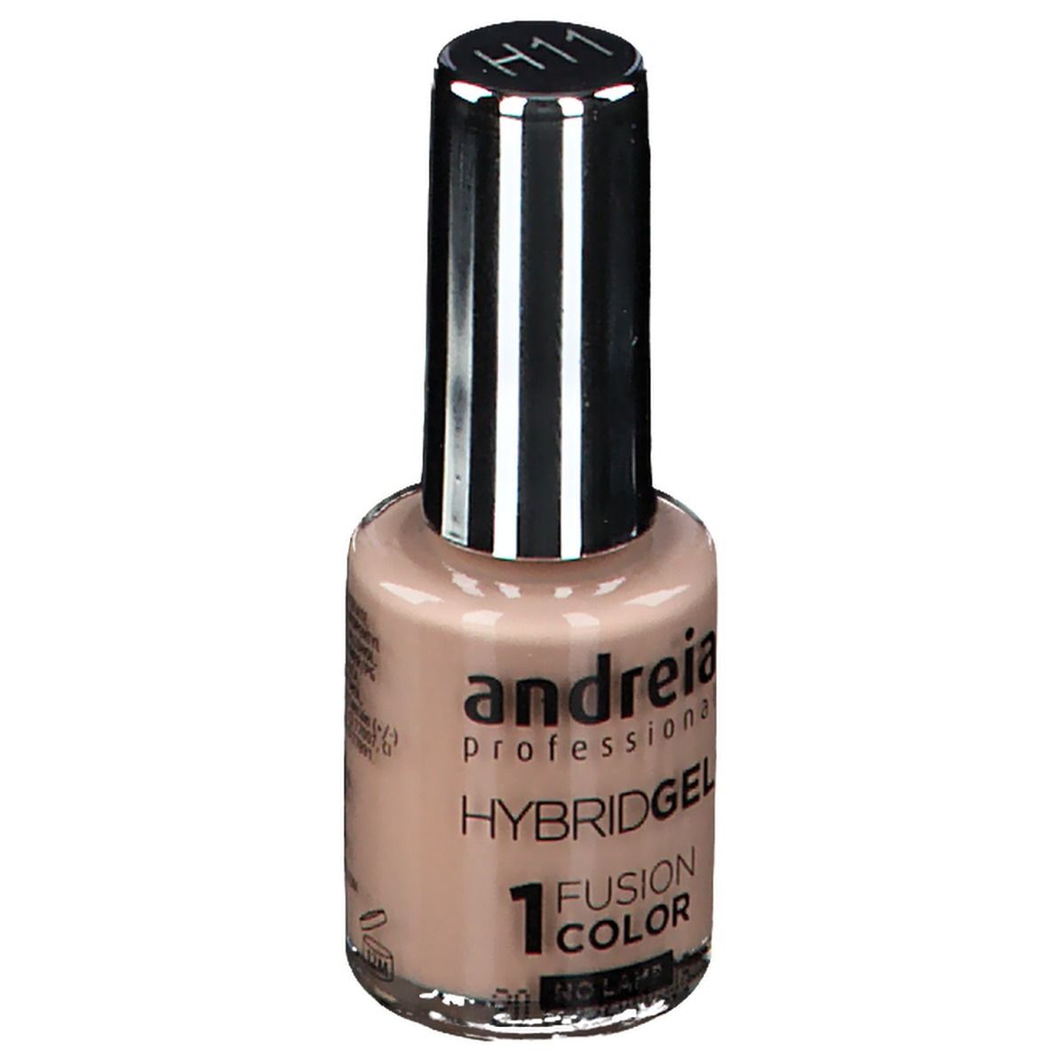 Nagellakfles met beige inhoud. Zilveren dop met zwarte borstel. Opschrift: andreia professional, Hybridgel, 1 Fusion Color, H11. Achterkant met tekst.