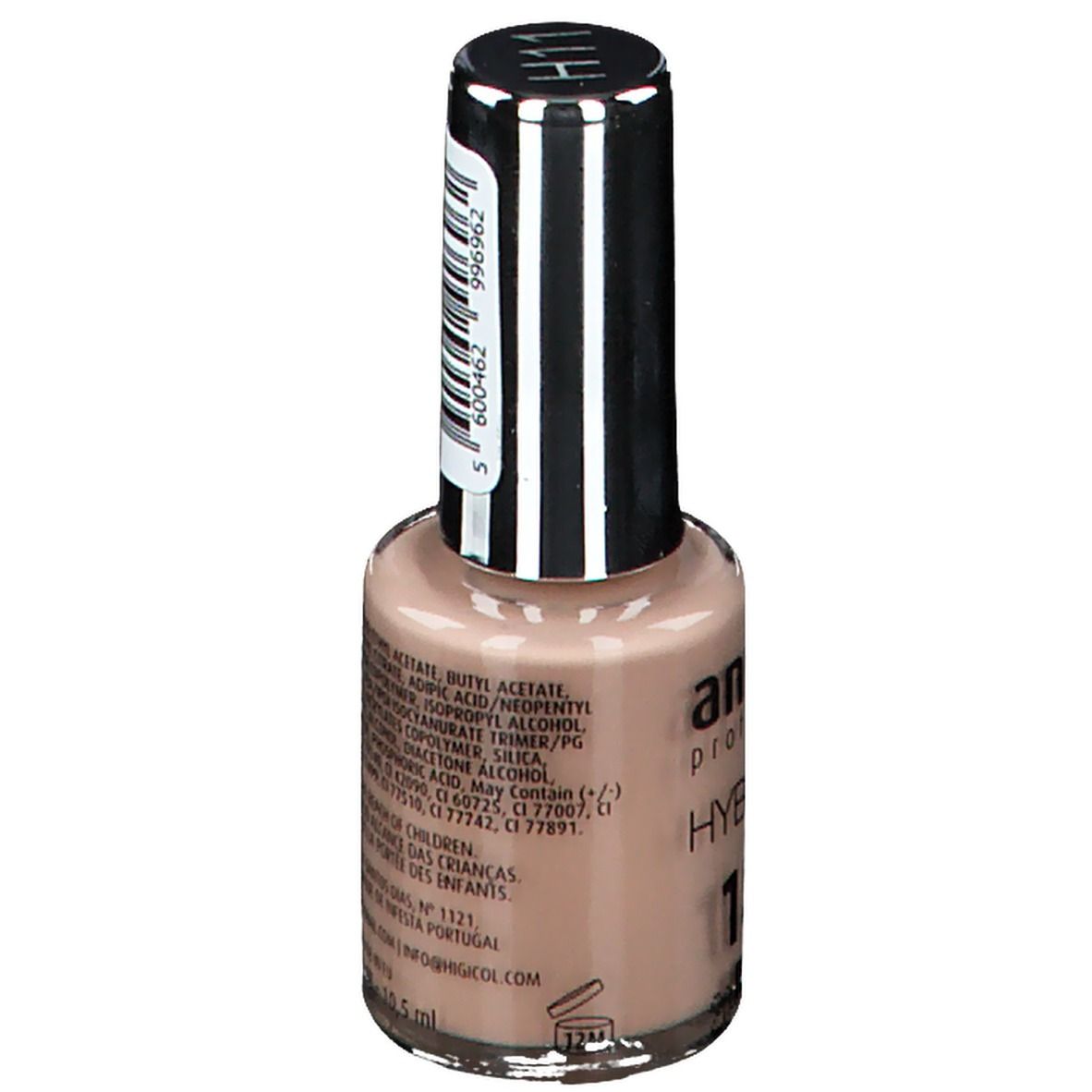 Nagellakfles met beige inhoud. Zilveren dop met zwarte borstel. Opschrift: andreia professional, Hybridgel, 1 Fusion Color, H11. Achterkant met tekst.