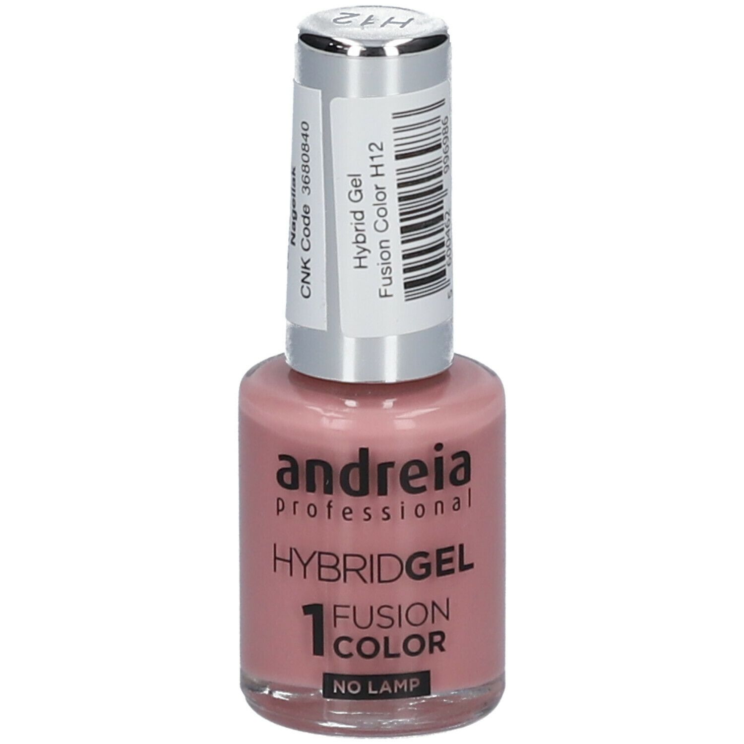 Flacon de vernis à ongles rose. Marque : Andreia Professional. Hybridgel Fusion Color H12. Avec étiquette.