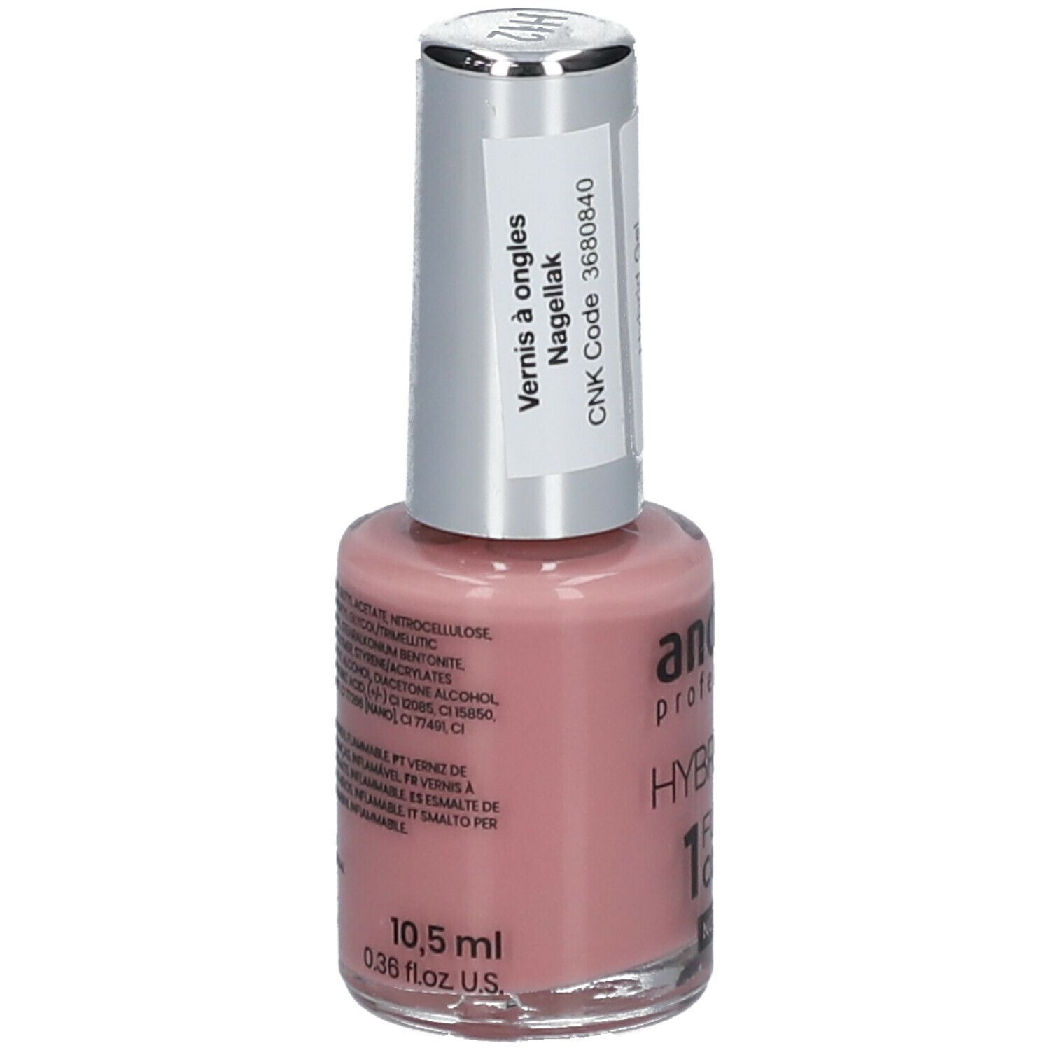 Flacon de vernis à ongles rose. Marque : Andreia Professional. Hybridgel Fusion Color H12. Dos avec ingrédients.
