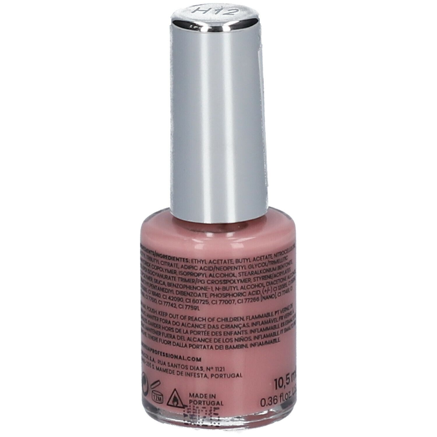 Flacon de vernis à ongles rose. Marque : Andreia Professional. Hybridgel Fusion Color H12. Dos avec ingrédients.