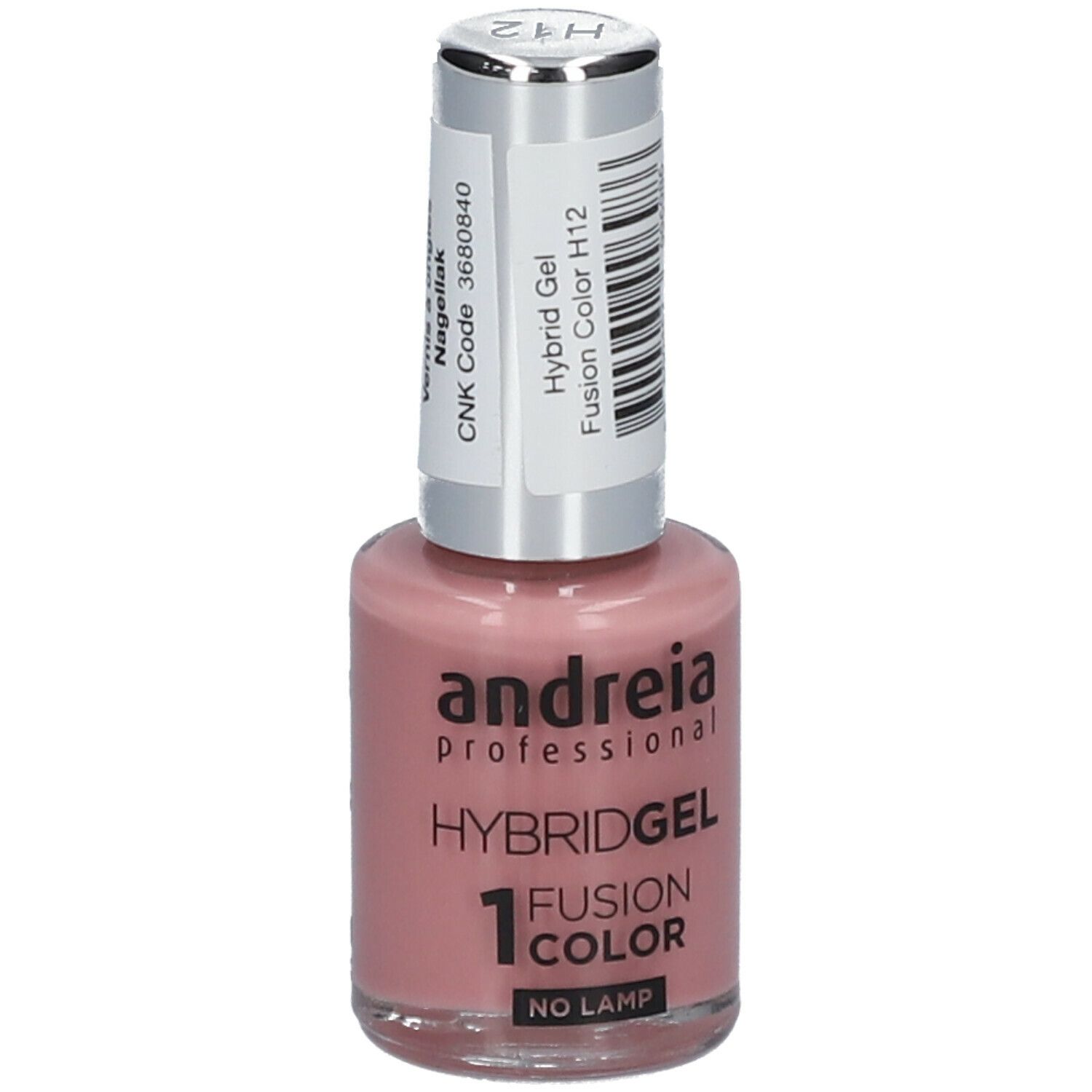Flacon de vernis à ongles rose. Marque : Andreia Professional. Hybridgel Fusion Color H12. Avec étiquette.