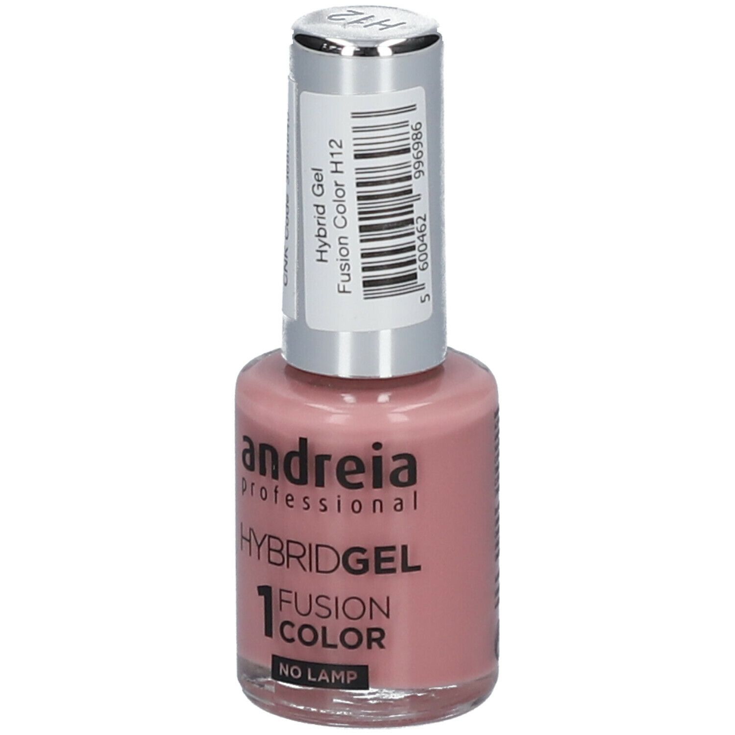 Flacon de vernis à ongles rose. Marque : Andreia Professional. Hybridgel Fusion Color H12. Avec étiquette.