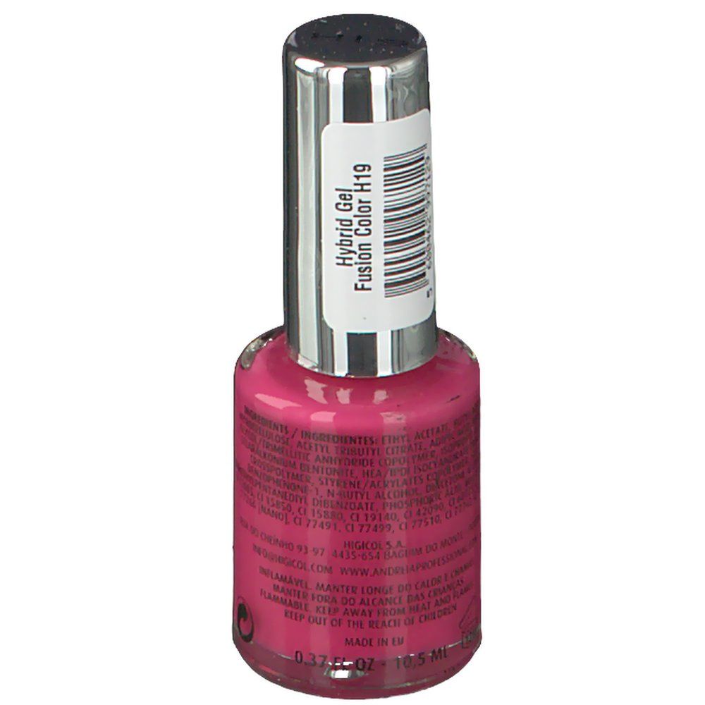 Nagellackflasche, rosa Inhalt. Silberne Kappe mit Etikett. Etikett mit Text: Hybrid Gel Fusion Color H19.