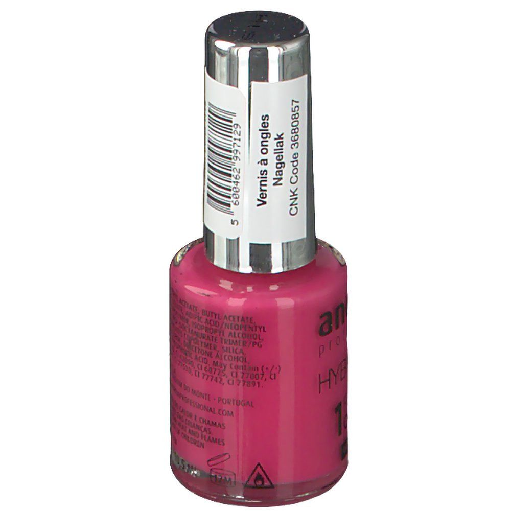 Nagellackflasche, rosa Inhalt. Silberne Kappe mit Etikett. Etikett mit Text: Vernis à ongles Nagellak CNK Code 3680857.