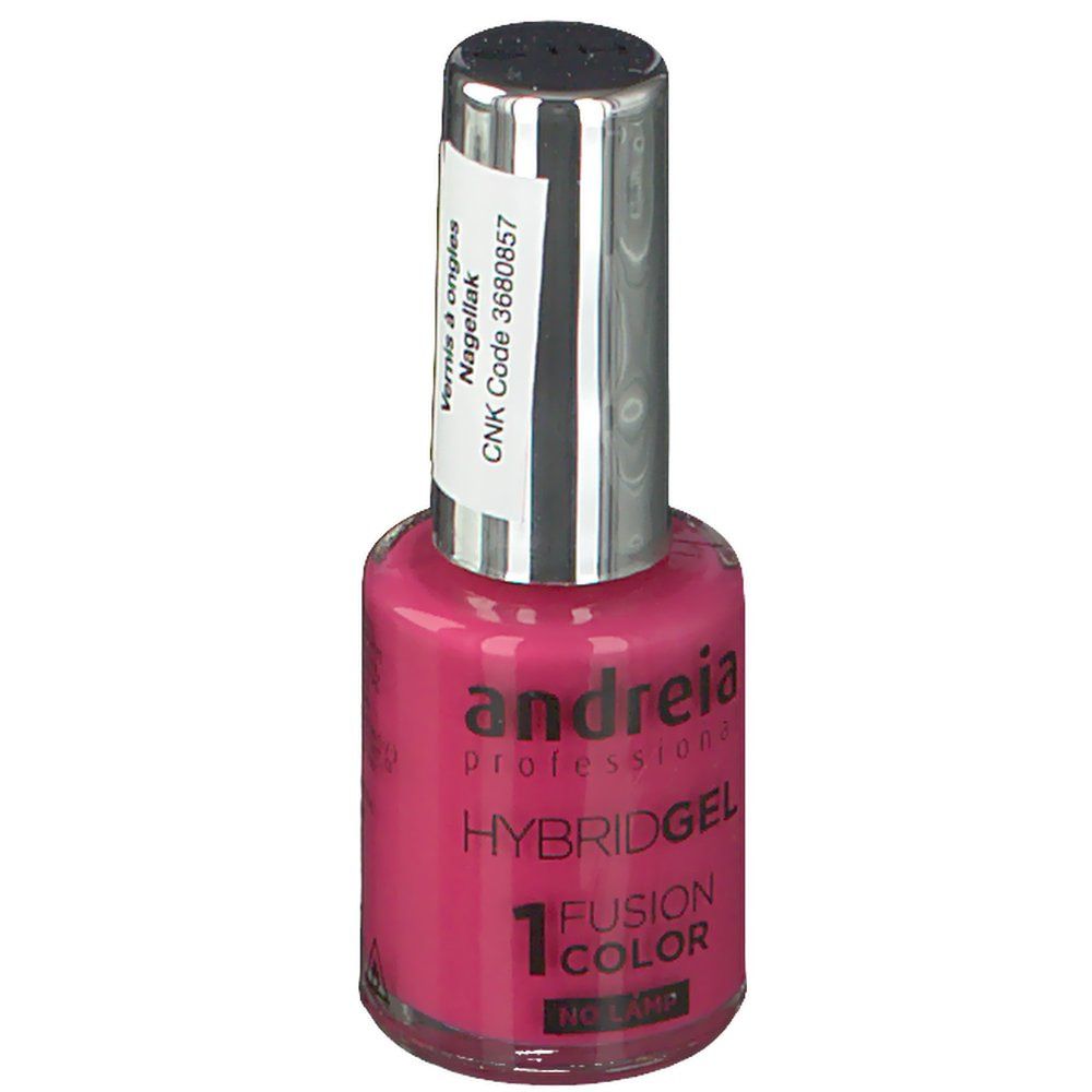 Nagellackflasche, rosa Inhalt. Silberne Kappe mit Etikett. Aufschrift: Andreia Professional, Hybridgel, 1 Fusion Color, No Lamp.