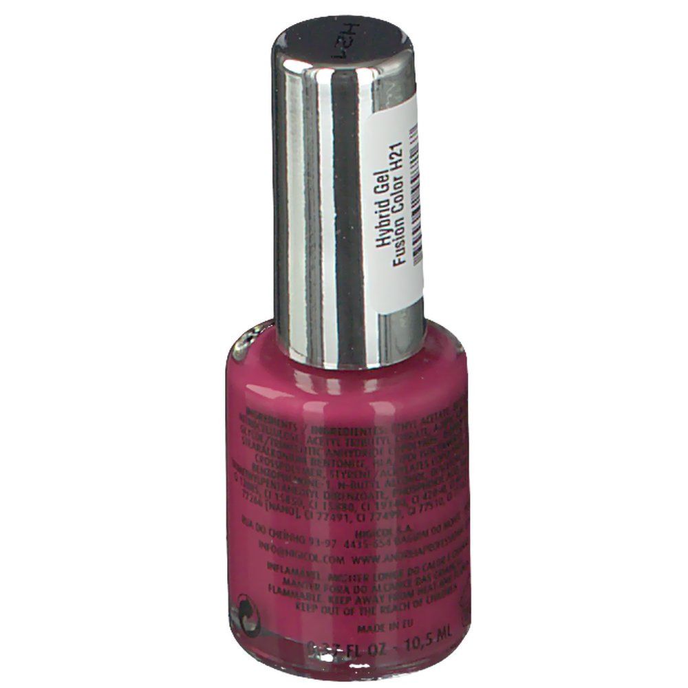 Nagellackflasche, rosa Farbe. Rückseite mit Text. Marke: Andreia Professional. Hybrid Gel, Fusion Color H21.