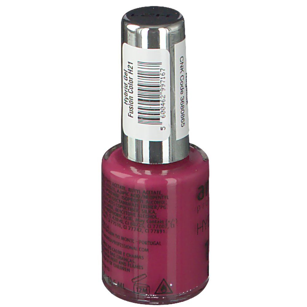 Nagellackflasche, rosa Farbe. Etikett mit Text. Marke: Andreia Professional. Hybrid Gel, Fusion Color H21.