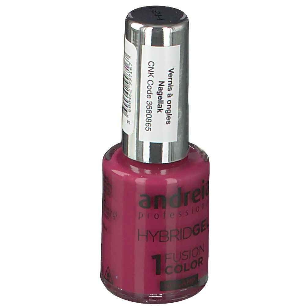 Nagellackflasche, rosa Farbe. Etikett mit Text. Marke: Andreia Professional. Hybrid Gel, Fusion Color H21.