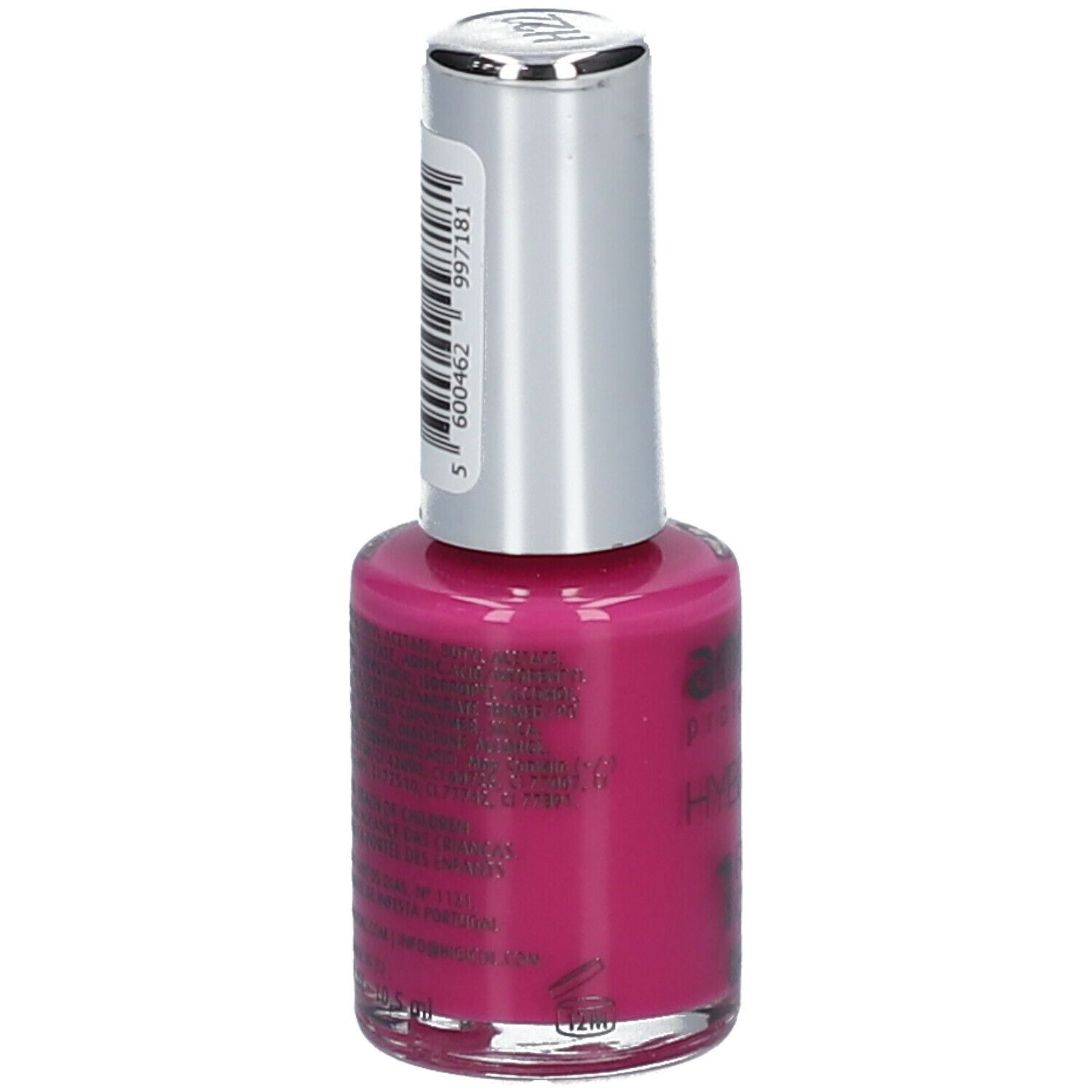 Nagellackflasche, magenta. Rückseite mit Text und Barcode. Silberner Deckel.